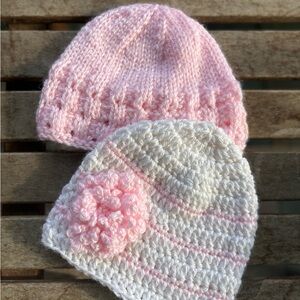 Pink and White Knitted Baby Hats, 0-3 months